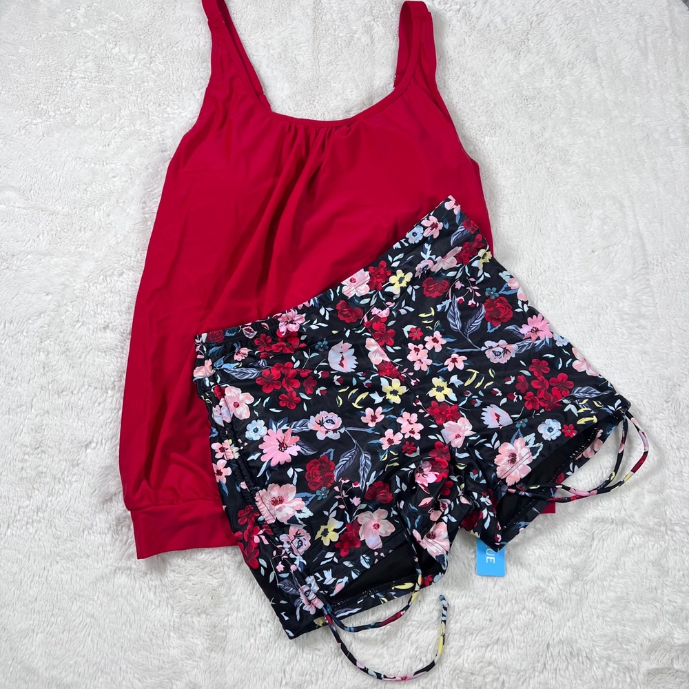 Yonique Red Blouson Tankini Set with Floral Boy Shorts Size Medium NEW